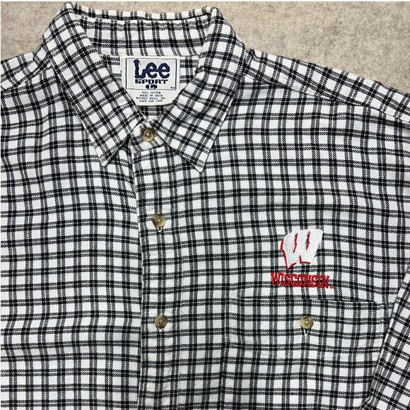 VTG Lee Sport Wisconsin Badgers Flannel Shirt XL Black White Check Cotton - Picture 4 of 6